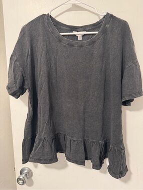 Acid Washed Black Ruffle-Hem T-Shirt